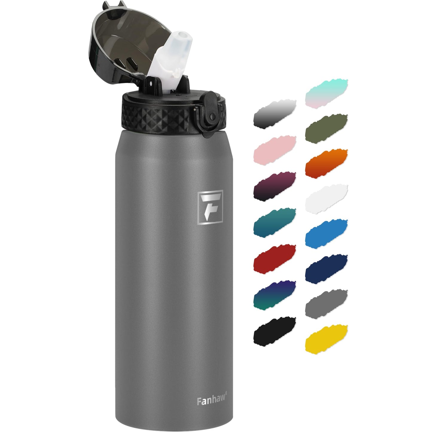 Fanhaw 20 Oz Stainless Steel Insulated Sports Water Bottles with Straw for Kids, Men and Women (Black)