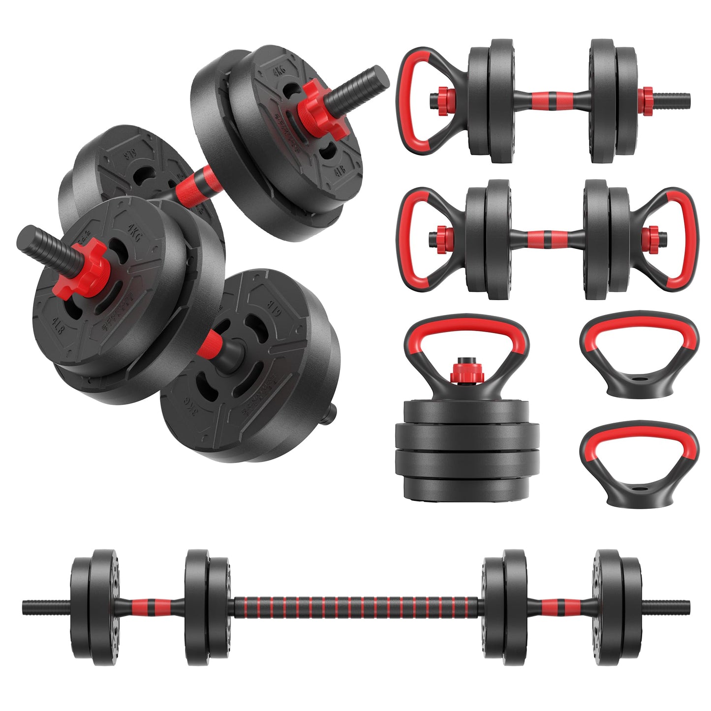 Fitvids Multi-Functional Portable Changeable Dumbbell and Barbell Kettlebell Set with Adjustable Weights, 40LBS or 60LBS Sets, 2-in-1 or 4-in1, Multiple Sizes