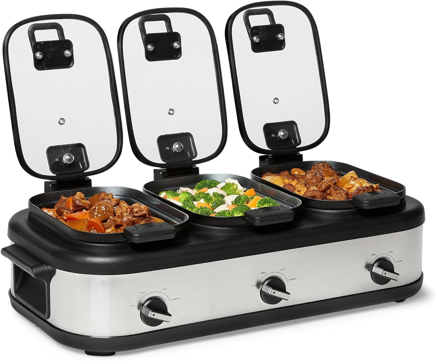 Amazon Basics Triple Slow Cooker with Ceramic Non-Stick Coating and Temperature Controls, 3 x 2.5 Quarts, Stainless Steel