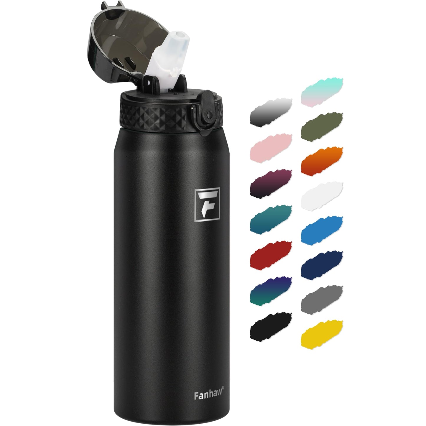 Fanhaw 20 Oz Stainless Steel Insulated Sports Water Bottles with Straw for Kids, Men and Women (Black)