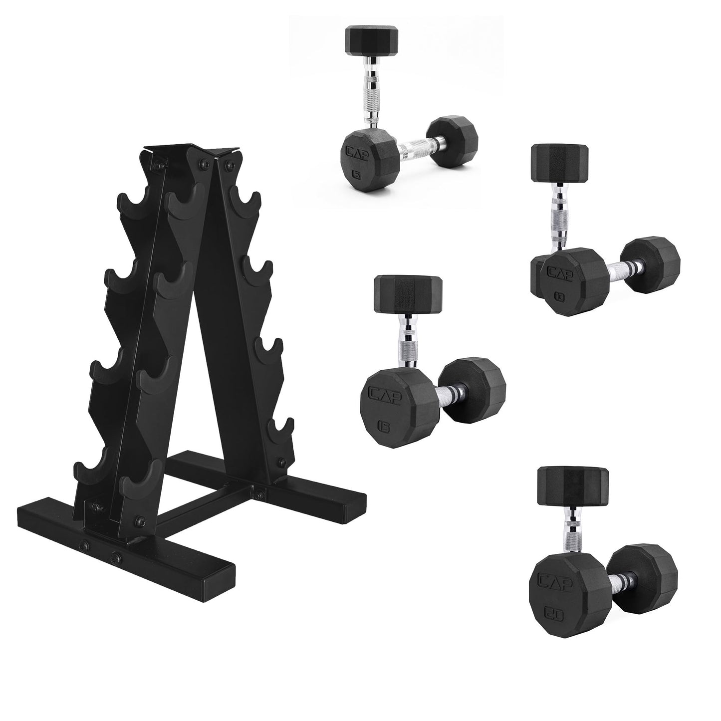 CAP Barbell Rubber Coated Dumbbell Weight Set with Vertical Rack | 100 lb, 150 lb, and 210 lb Options