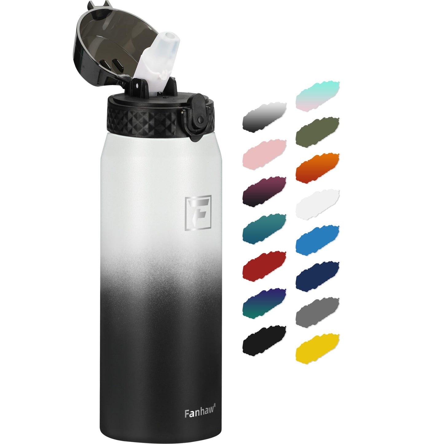 Fanhaw 20 Oz Stainless Steel Insulated Sports Water Bottles with Straw for Kids, Men and Women (Black)