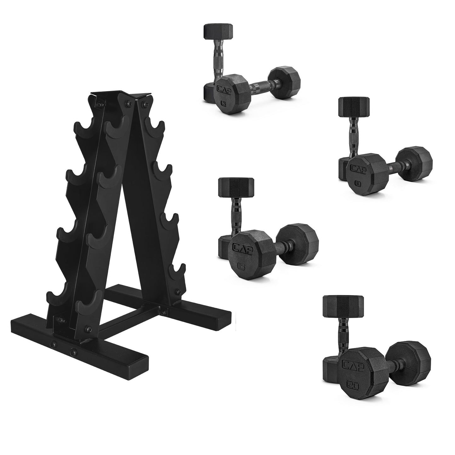 CAP Barbell Rubber Coated Dumbbell Weight Set with Vertical Rack | 100 lb, 150 lb, and 210 lb Options