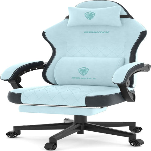 Dowinx Gaming Chair, Fabric Gaming Chairs for Adults with Pocket Spring Cushions and Lumbar Support, Ergonomic Massage Computer Chair with Footrest for Big and Tall, Aqua