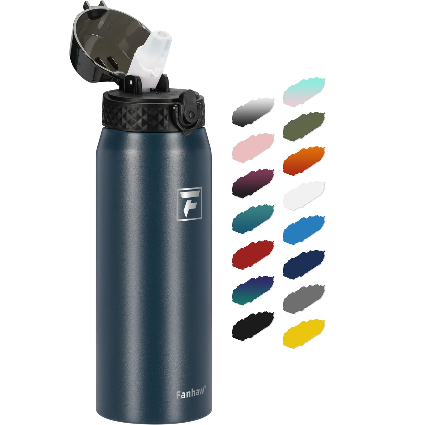 Fanhaw 20 Oz Stainless Steel Insulated Sports Water Bottles with Straw for Kids, Men and Women (Black)