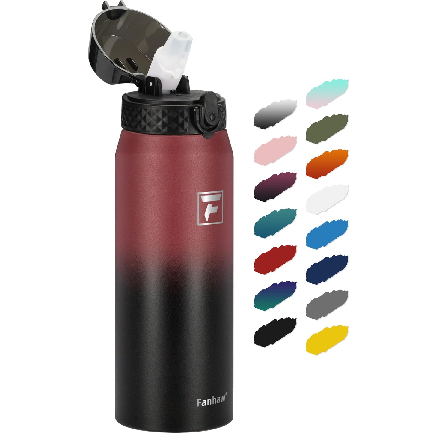 Fanhaw 20 Oz Stainless Steel Insulated Sports Water Bottles with Straw for Kids, Men and Women (Black)