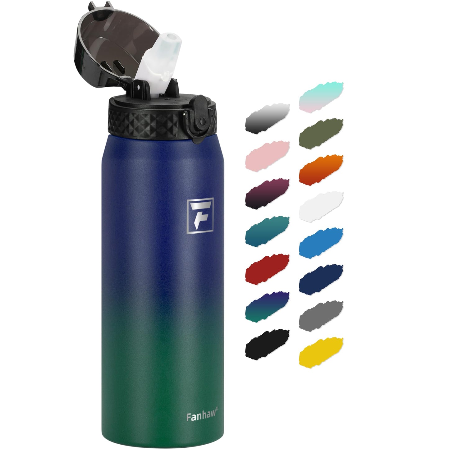 Fanhaw 20 Oz Stainless Steel Insulated Sports Water Bottles with Straw for Kids, Men and Women (Black)