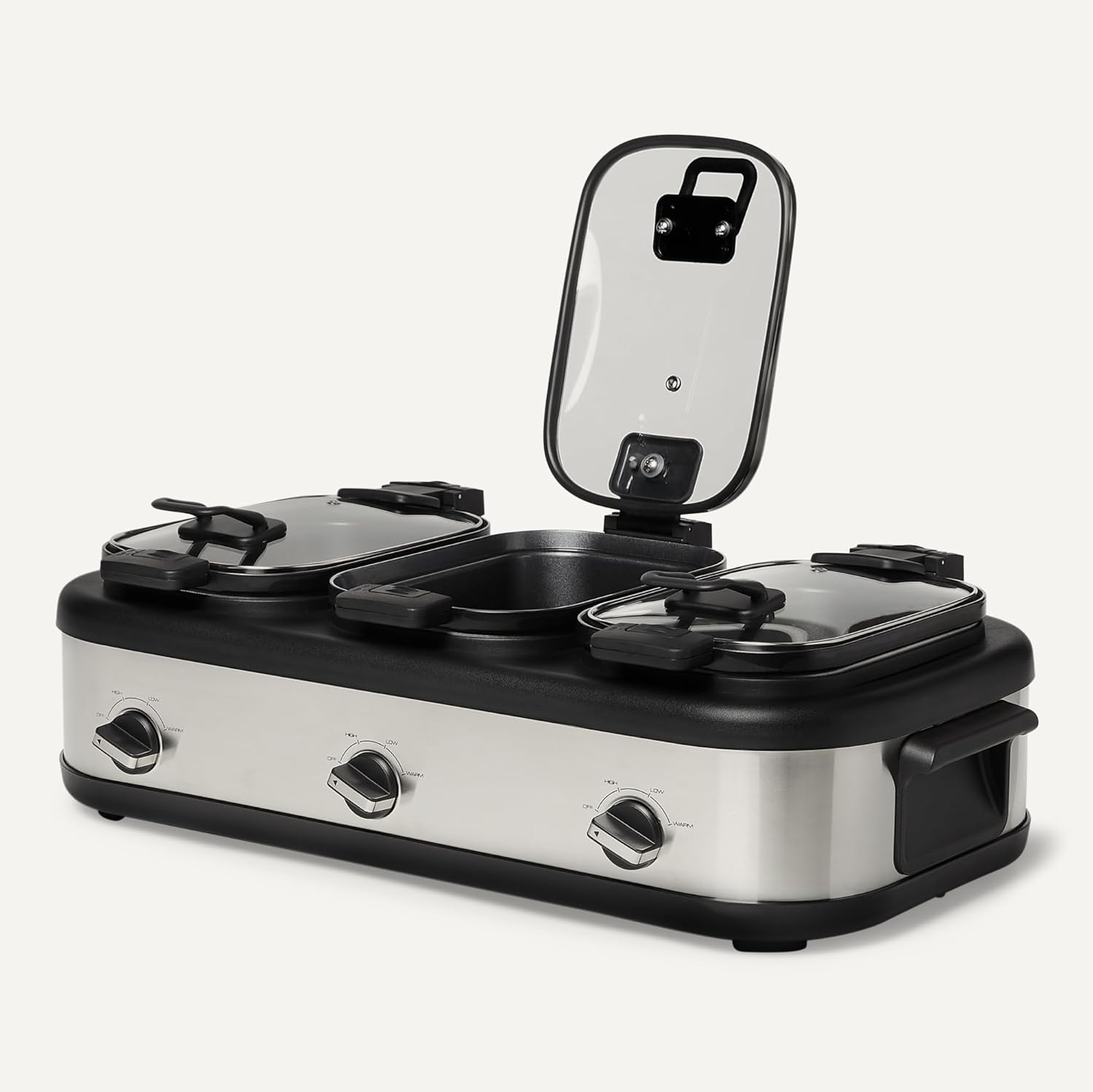 Amazon Basics Triple Slow Cooker with Ceramic Non-Stick Coating and Temperature Controls, 3 x 2.5 Quarts, Stainless Steel