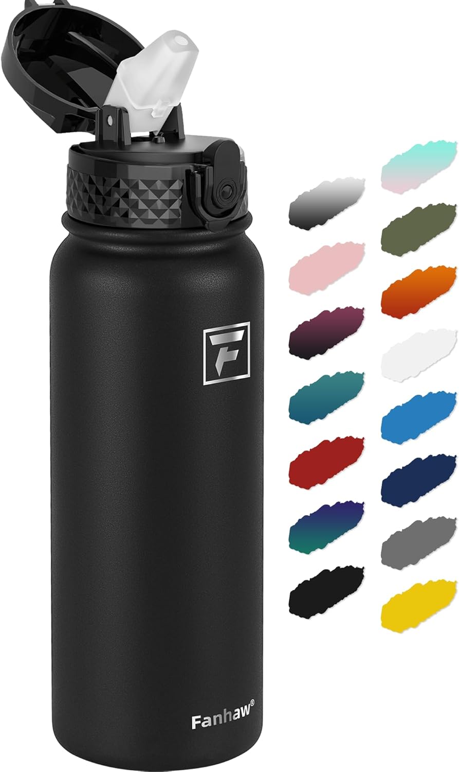 Fanhaw 20 Oz Stainless Steel Insulated Sports Water Bottles with Straw for Kids, Men and Women (Black)