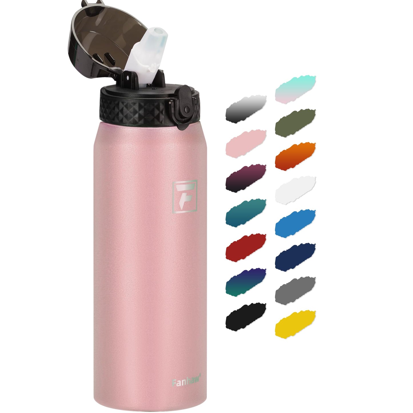 Fanhaw 20 Oz Stainless Steel Insulated Sports Water Bottles with Straw for Kids, Men and Women (Black)