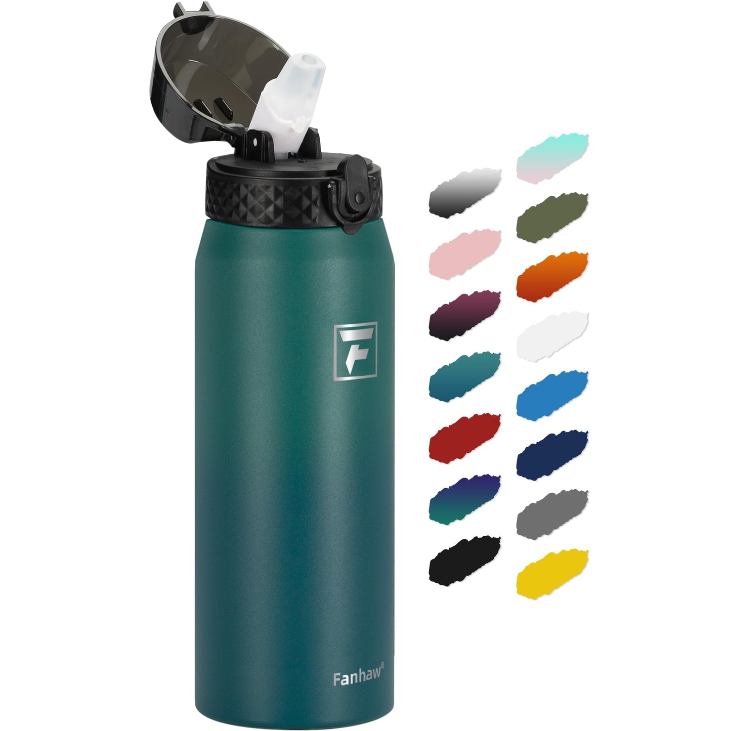 Fanhaw 20 Oz Stainless Steel Insulated Sports Water Bottles with Straw for Kids, Men and Women (Black)