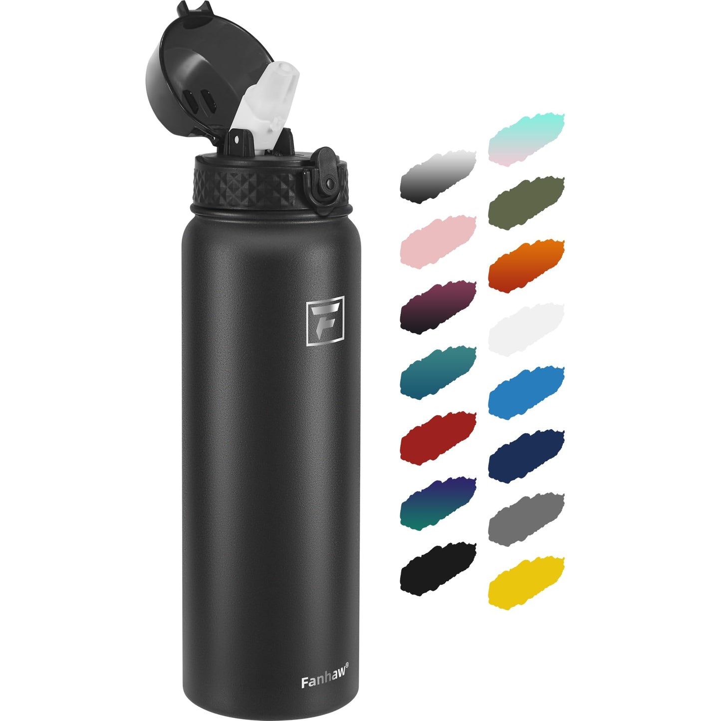 Fanhaw 20 Oz Stainless Steel Insulated Sports Water Bottles with Straw for Kids, Men and Women (Black)