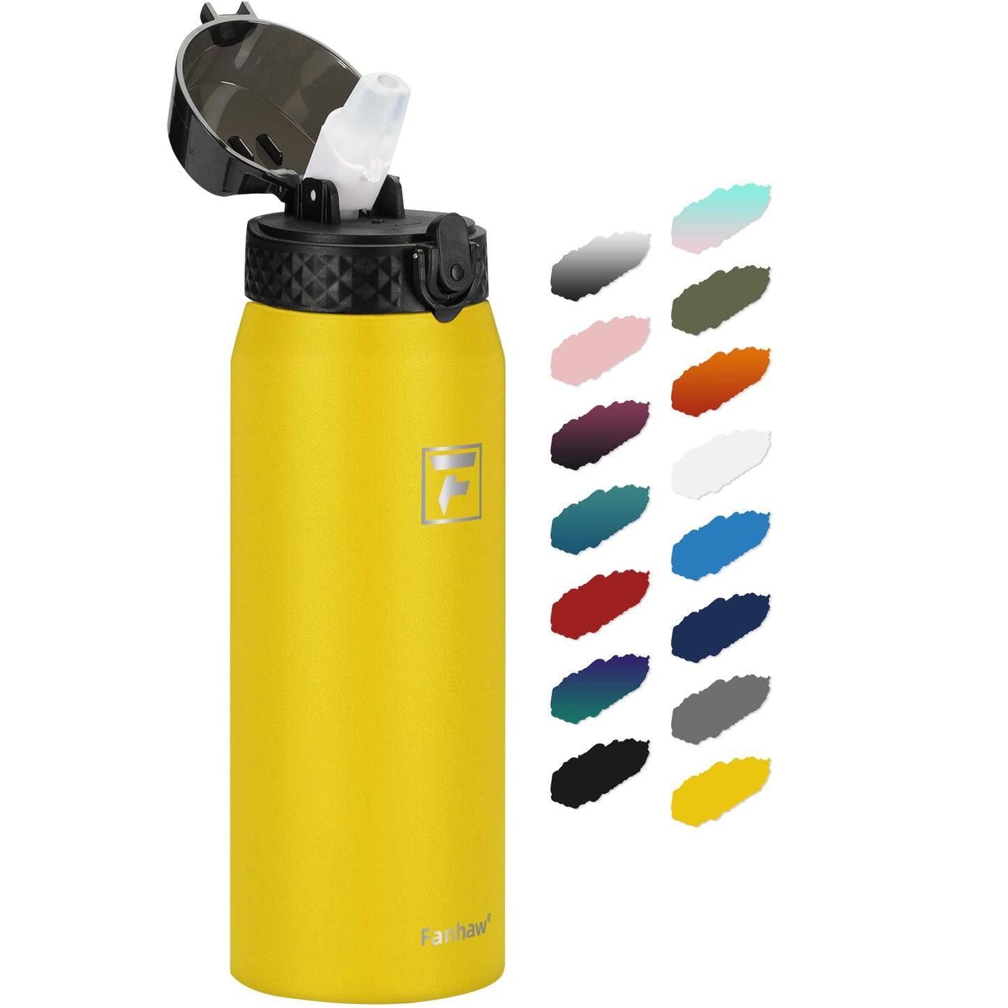 Fanhaw 20 Oz Stainless Steel Insulated Sports Water Bottles with Straw for Kids, Men and Women (Black)