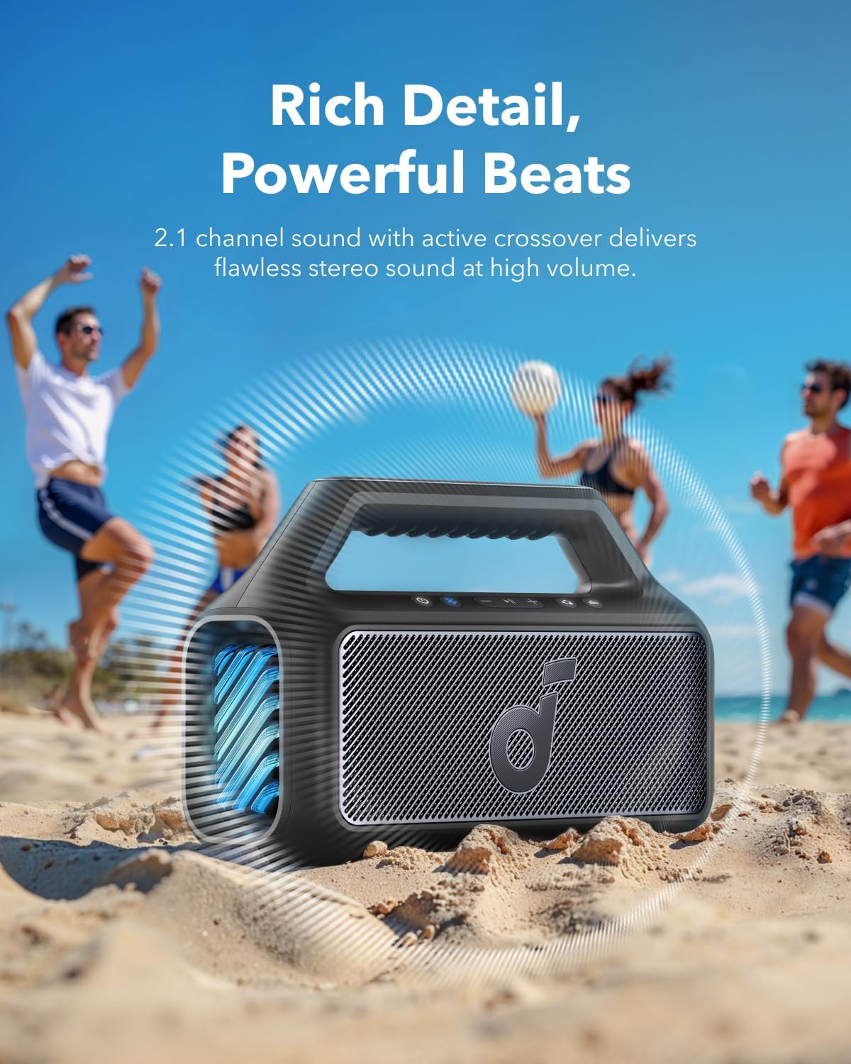 soundcore Boom 2 By Anker, Outdoor Speaker, 80W, Subwoofer, BassUp 2.0, 24H Playtime, IPX7 Waterproof, Floatable, RGB Lights, USB-C, Custom EQ, Bluetooth 5.3, Portable for Camping, Beach, and Backyard