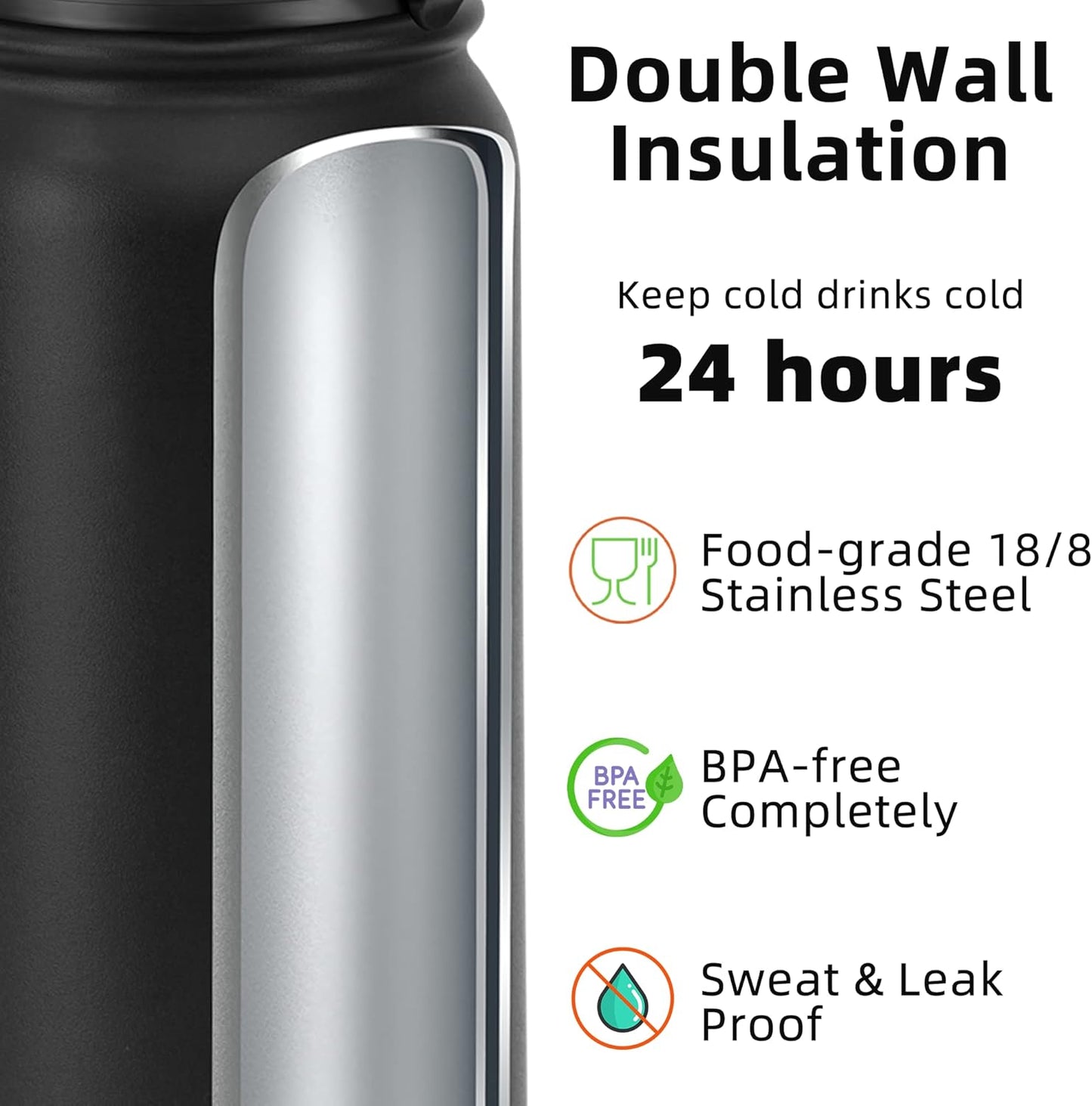Fanhaw 20 Oz Stainless Steel Insulated Sports Water Bottles with Straw for Kids, Men and Women (Black)