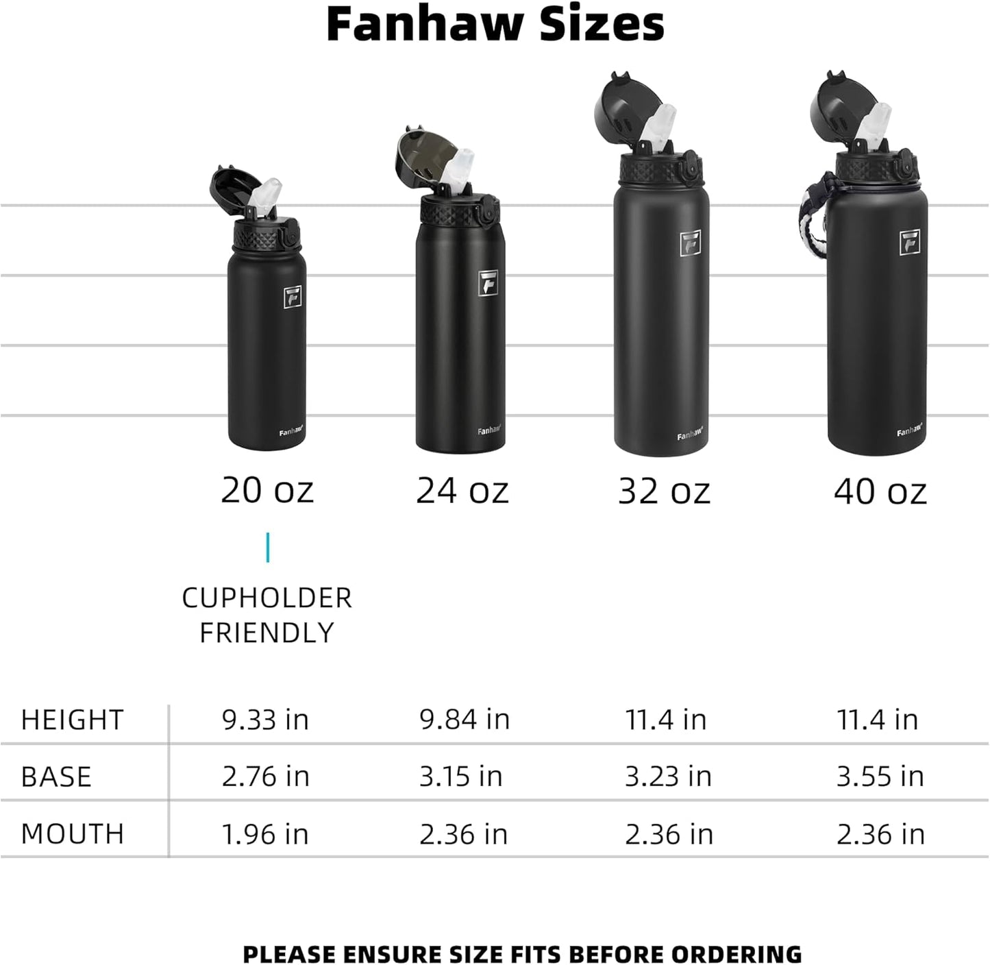 Fanhaw 20 Oz Stainless Steel Insulated Sports Water Bottles with Straw for Kids, Men and Women (Black)