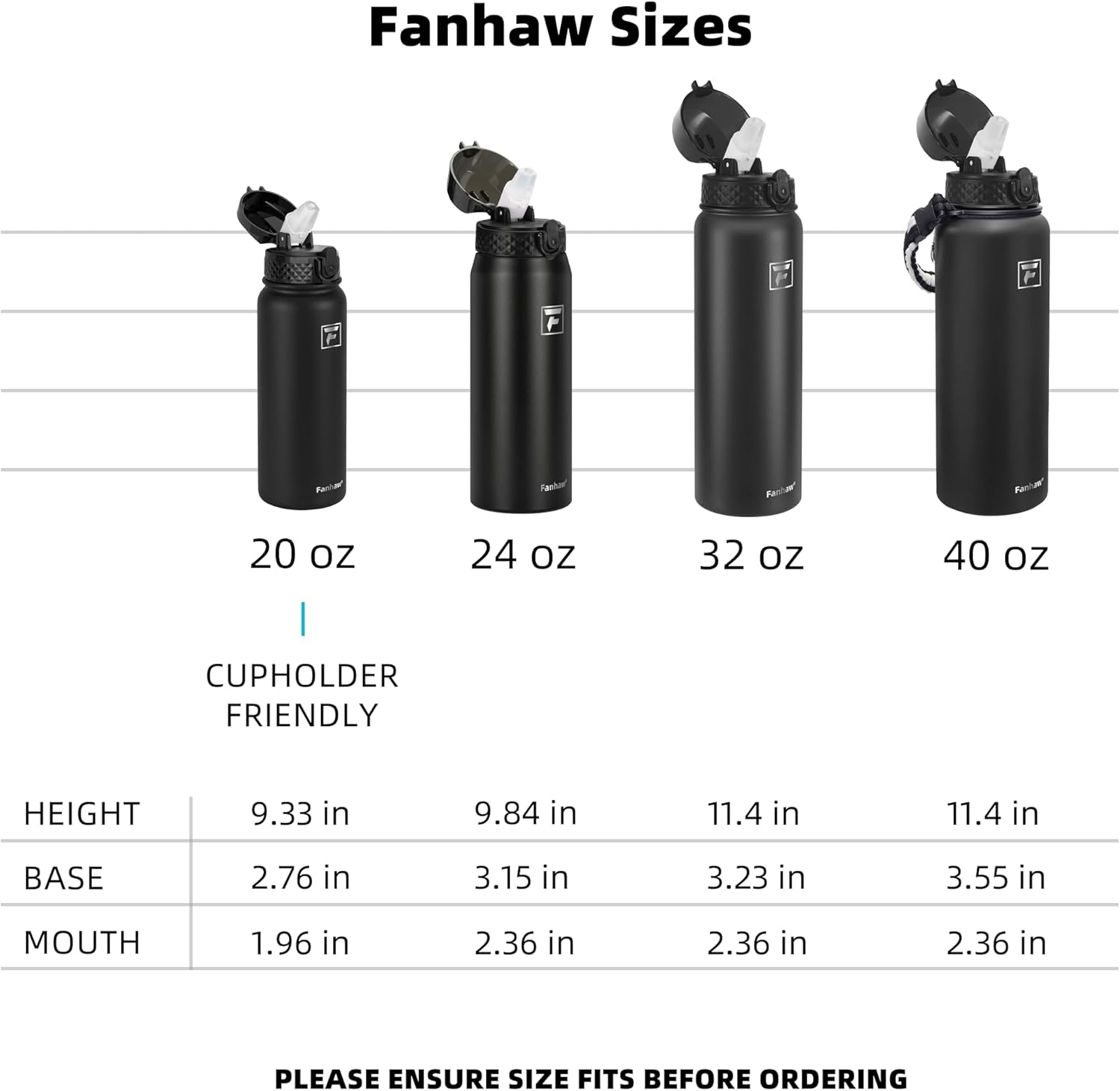 Fanhaw 20 Oz Stainless Steel Insulated Sports Water Bottles with Straw for Kids, Men and Women (Black)