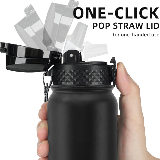 Fanhaw 20 Oz Stainless Steel Insulated Sports Water Bottles with Straw for Kids, Men and Women (Black)