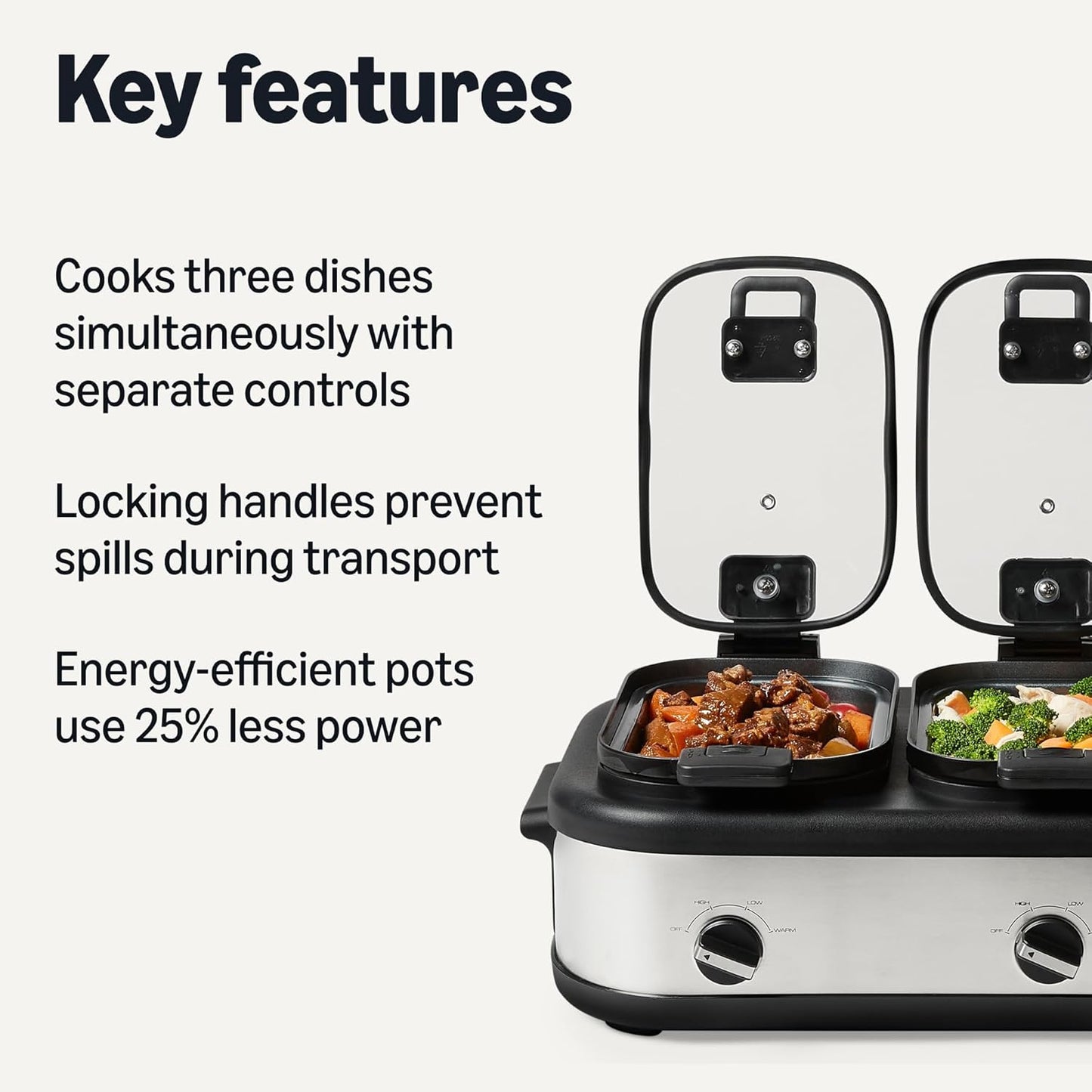 Amazon Basics Triple Slow Cooker with Ceramic Non-Stick Coating and Temperature Controls, 3 x 2.5 Quarts, Stainless Steel