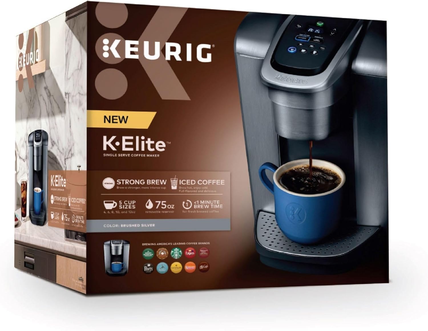 Keurig K-Elite Single Serve K-Cup Pod Coffee Maker, with Strength and Temperature Control, Iced Coffee Capability, 8 to 12oz Brew Size, Programmable, Brushed Silver