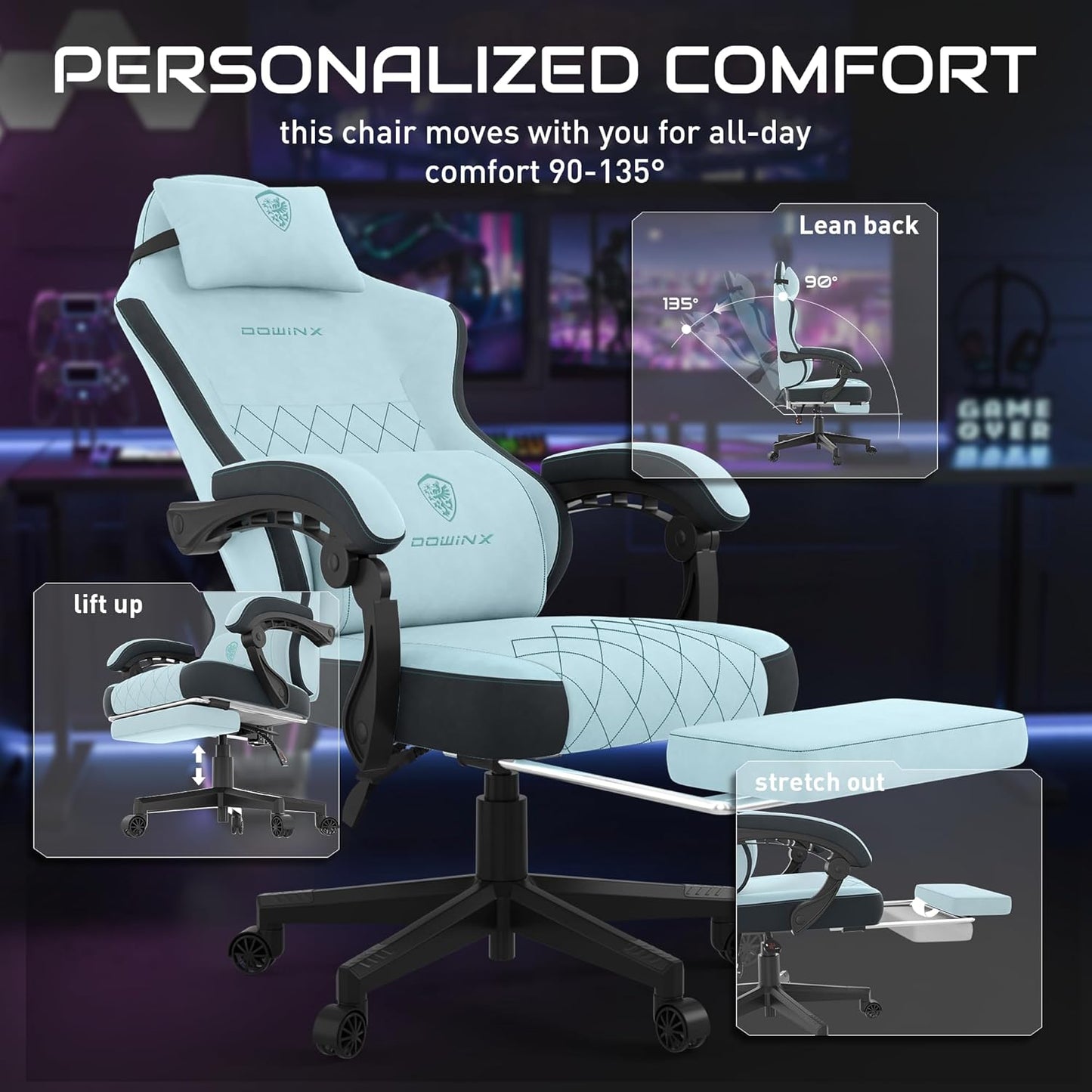 Dowinx Gaming Chair, Fabric Gaming Chairs for Adults with Pocket Spring Cushions and Lumbar Support, Ergonomic Massage Computer Chair with Footrest for Big and Tall, Aqua