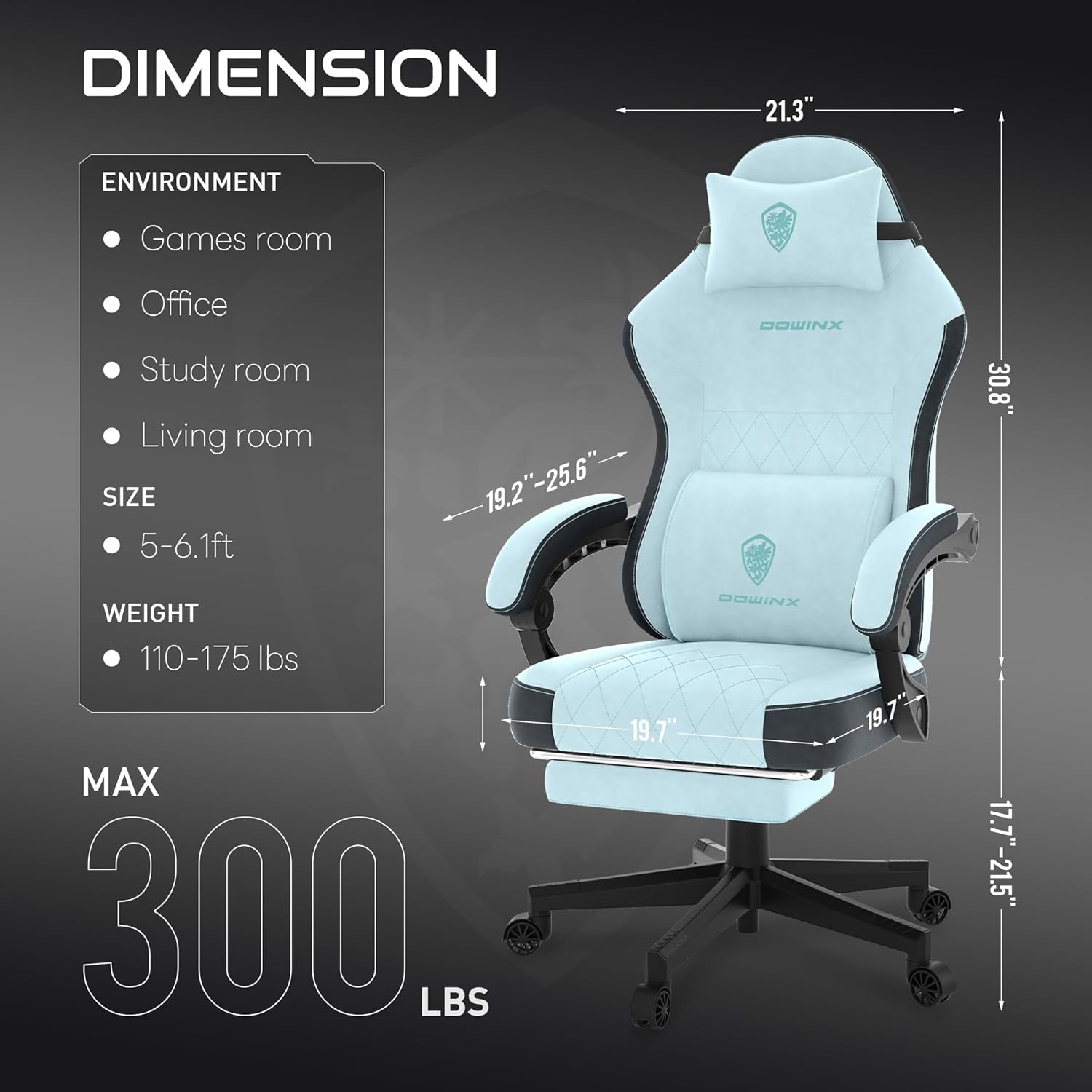 Dowinx Gaming Chair, Fabric Gaming Chairs for Adults with Pocket Spring Cushions and Lumbar Support, Ergonomic Massage Computer Chair with Footrest for Big and Tall, Aqua