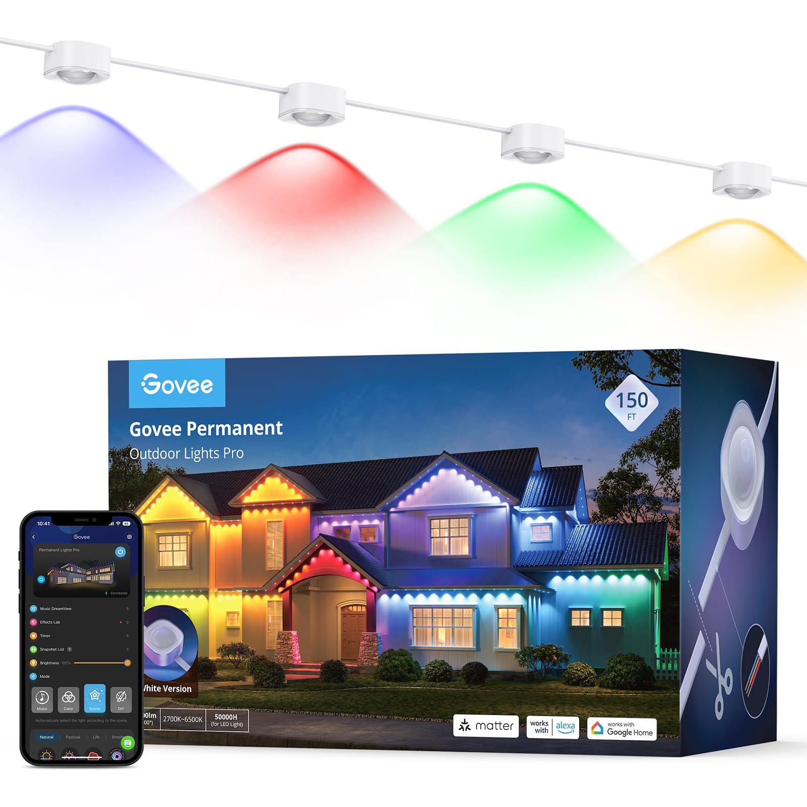 Govee Permanent Outdoor Lights Pro, 200ft with 120 RGBIC LED Lights for Daily and Accent Lighting, 75 Scene Modes for Outdoor Decor, IP67 Waterproof, Works with Alexa, Google Assistant, Matter, White