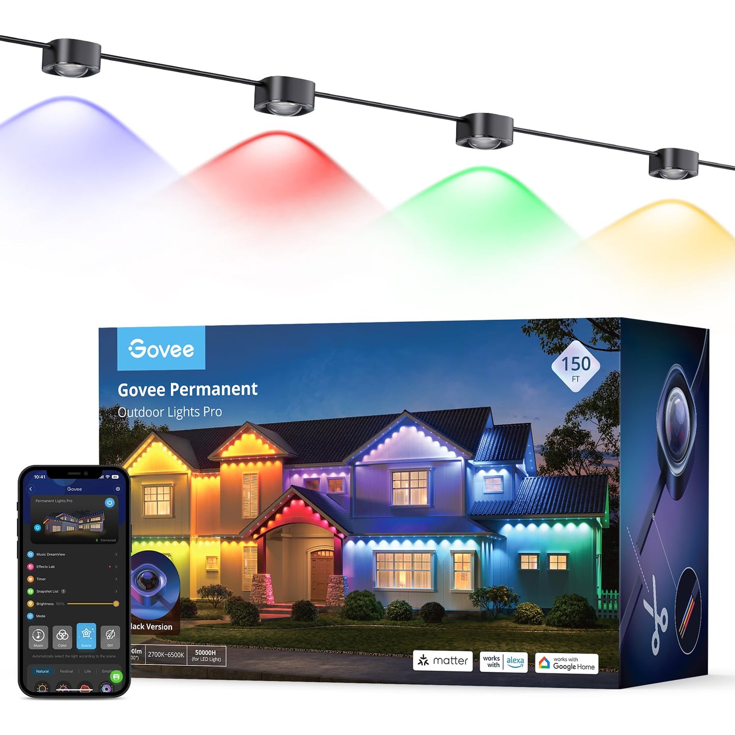 Govee Permanent Outdoor Lights Pro, 200ft with 120 RGBIC LED Lights for Daily and Accent Lighting, 75 Scene Modes for Outdoor Decor, IP67 Waterproof, Works with Alexa, Google Assistant, Matter, White