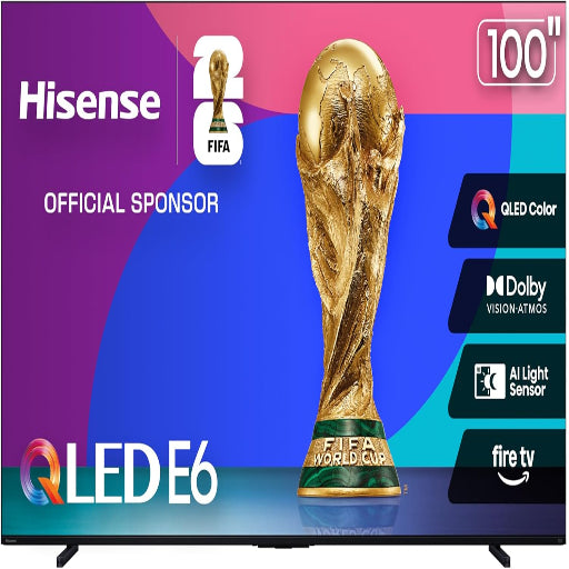 Hisense 100" E6 Cinema Series QLED 4K UHD Smart Fire TV (100E6QF, 2025 Model) - QLED, Native 144Hz, Dolby Vision IQ · Atmos, Motion Rate 240, HDR 10+, Game Mode Pro, Voice Remote with Alexa