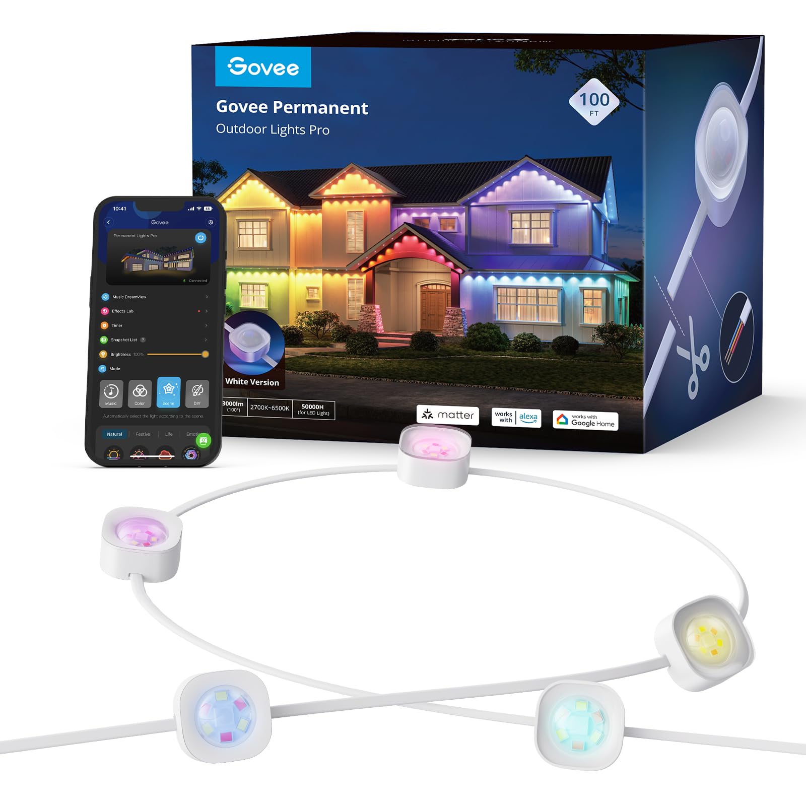 Govee Permanent Outdoor Lights Pro, 200ft with 120 RGBIC LED Lights for Daily and Accent Lighting, 75 Scene Modes for Outdoor Decor, IP67 Waterproof, Works with Alexa, Google Assistant, Matter, White