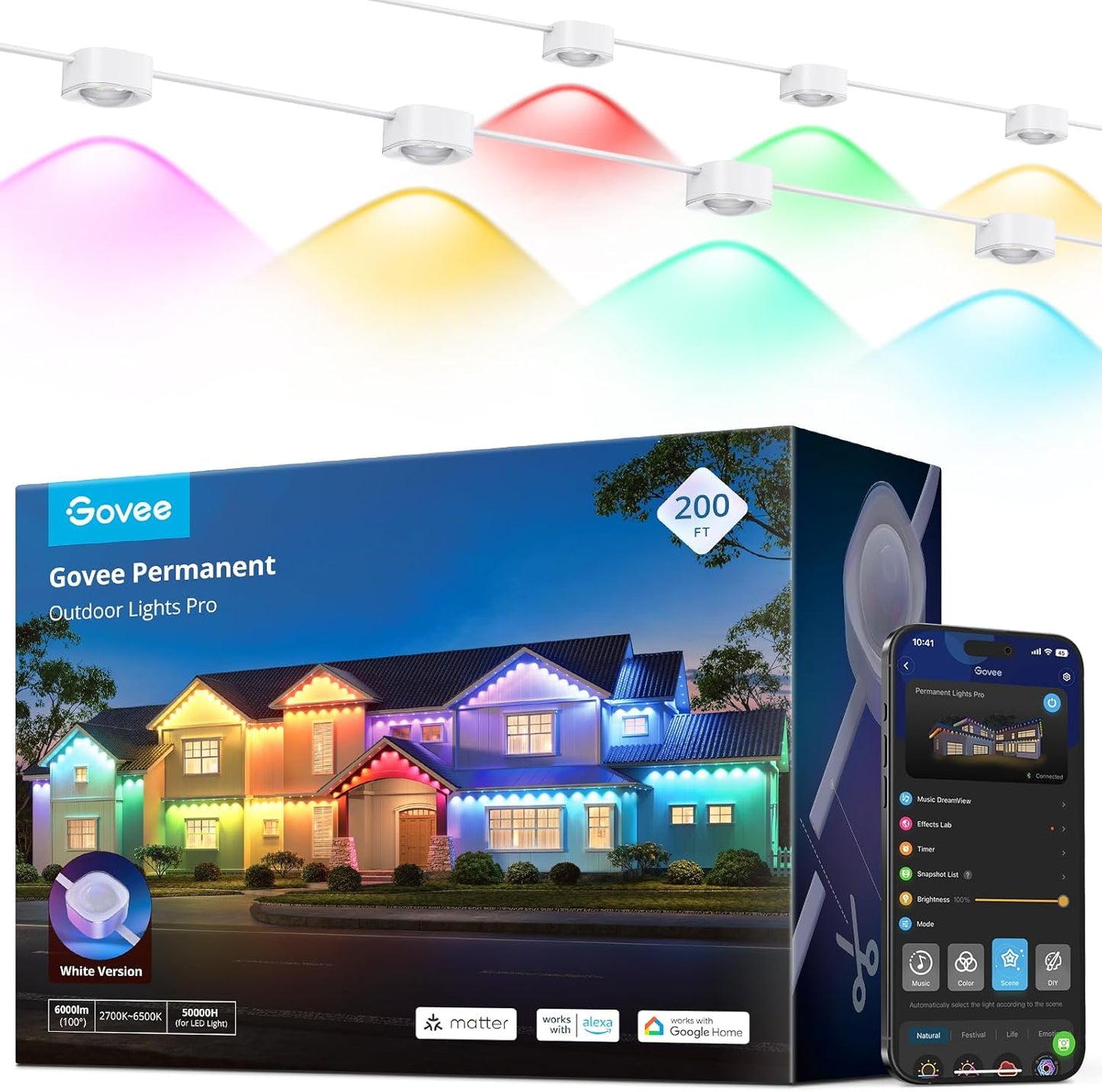 Govee Permanent Outdoor Lights Pro, 200ft with 120 RGBIC LED Lights for Daily and Accent Lighting, 75 Scene Modes for Outdoor Decor, IP67 Waterproof, Works with Alexa, Google Assistant, Matter, White