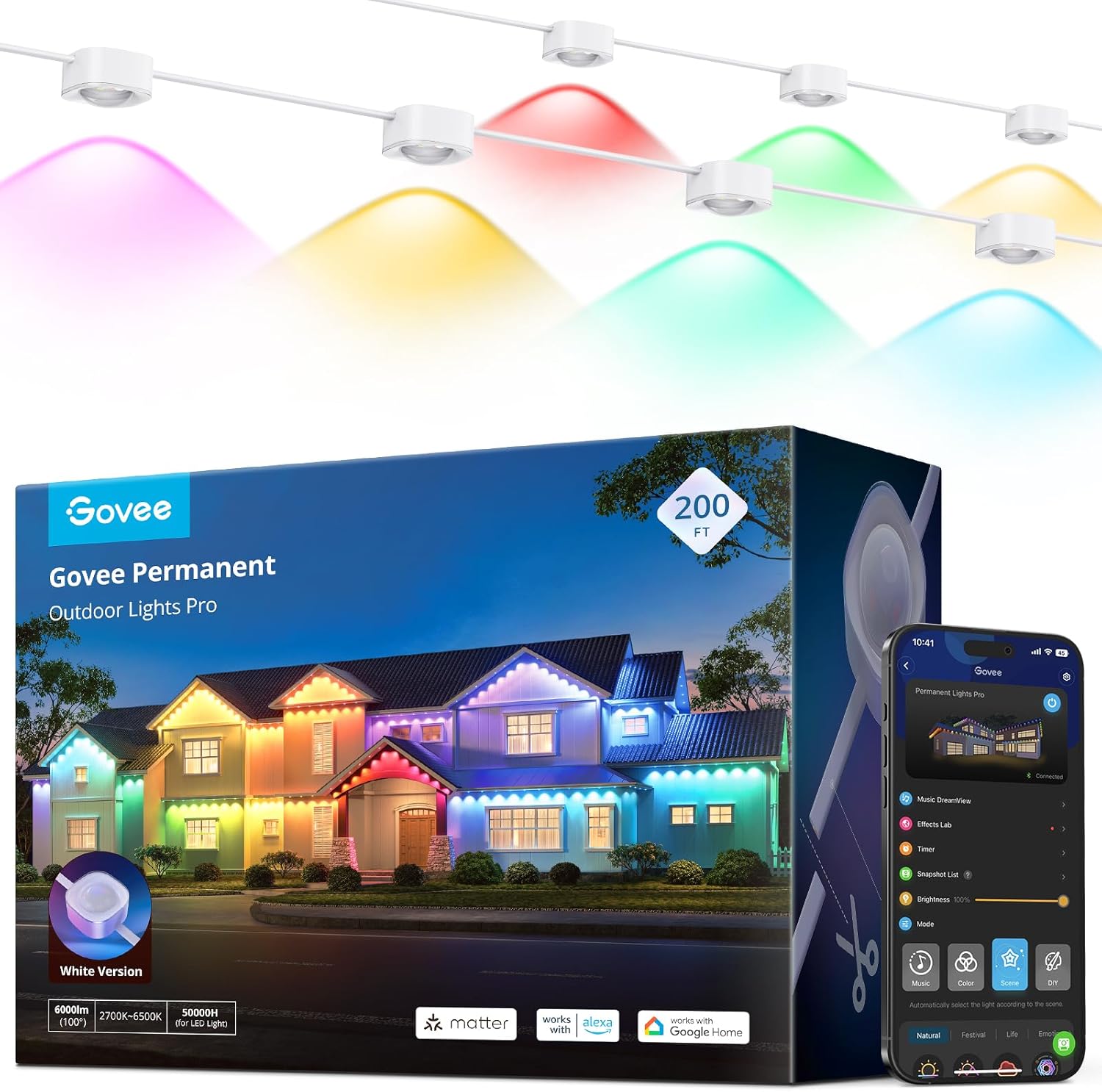 Govee Permanent Outdoor Lights Pro, 200ft with 120 RGBIC LED Lights for Daily and Accent Lighting, 75 Scene Modes for Outdoor Decor, IP67 Waterproof, Works with Alexa, Google Assistant, Matter, White