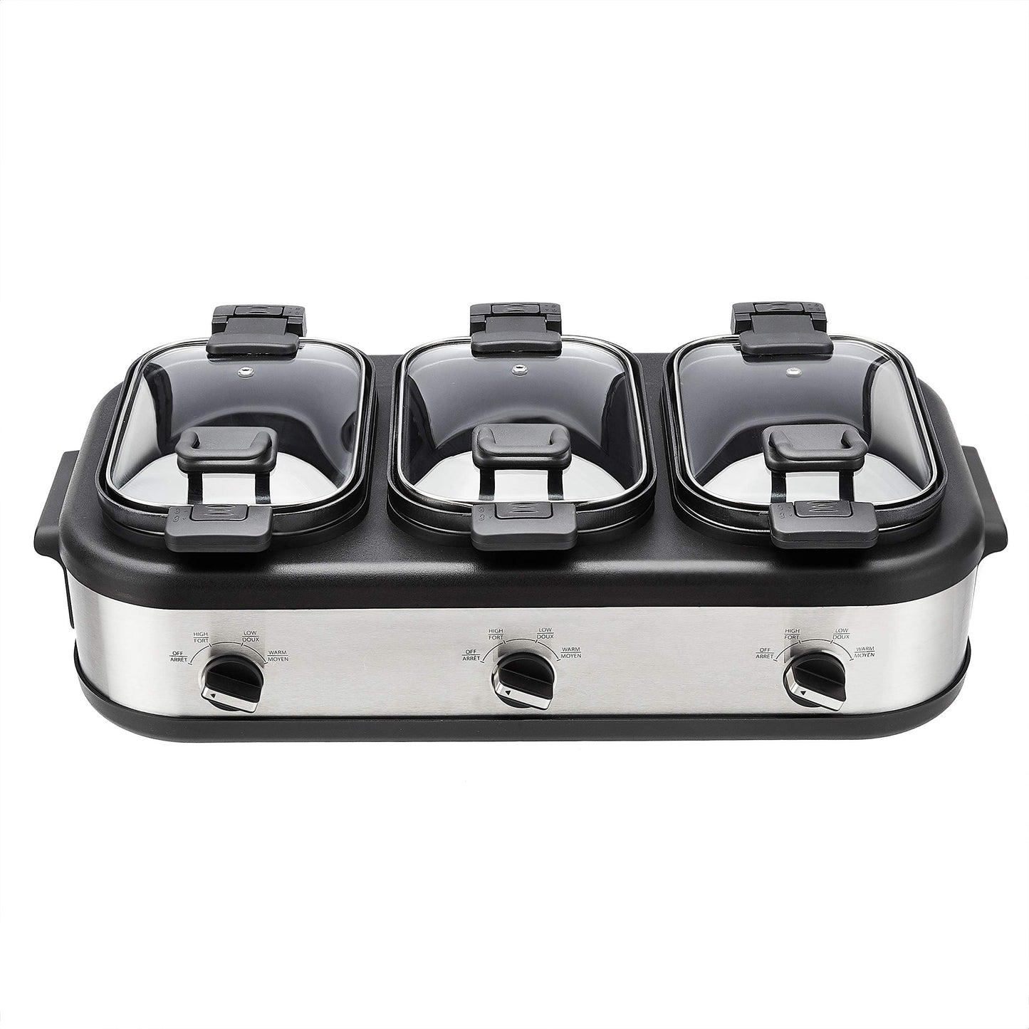 Amazon Basics Triple Slow Cooker with Ceramic Non-Stick Coating and Temperature Controls, 3 x 2.5 Quarts, Stainless Steel