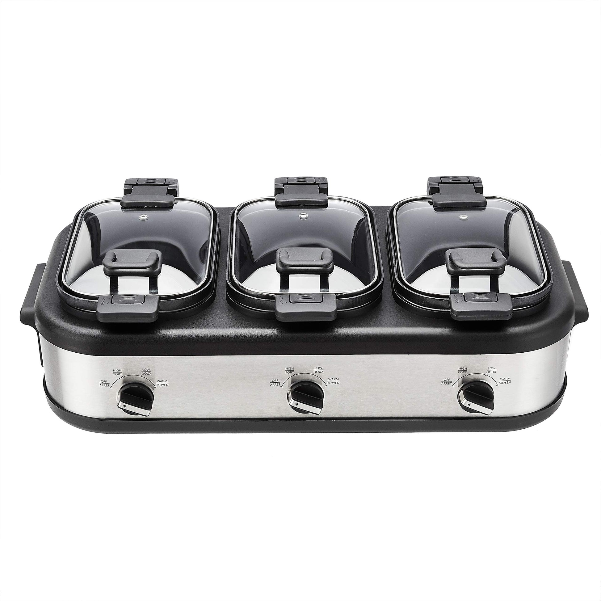 Amazon Basics Triple Slow Cooker with Ceramic Non-Stick Coating and Temperature Controls, 3 x 2.5 Quarts, Stainless Steel