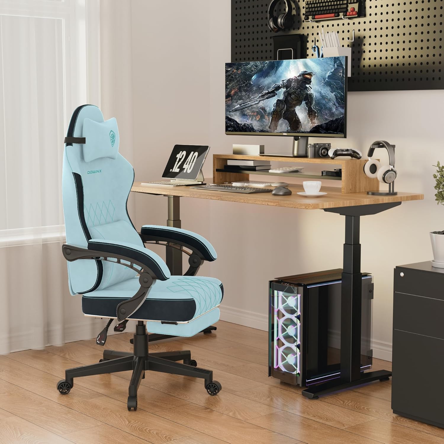 Dowinx Gaming Chair, Fabric Gaming Chairs for Adults with Pocket Spring Cushions and Lumbar Support, Ergonomic Massage Computer Chair with Footrest for Big and Tall, Aqua