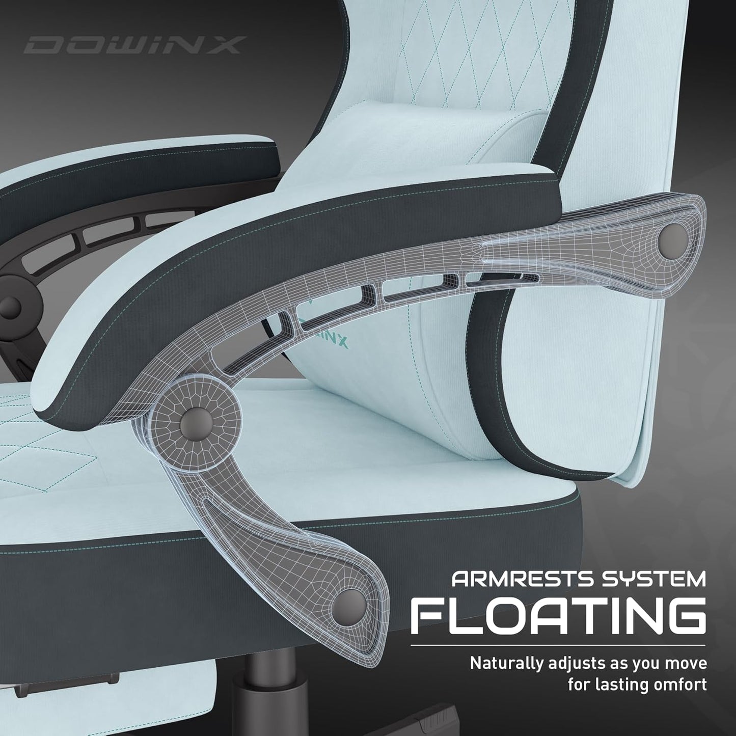 Dowinx Gaming Chair, Fabric Gaming Chairs for Adults with Pocket Spring Cushions and Lumbar Support, Ergonomic Massage Computer Chair with Footrest for Big and Tall, Aqua