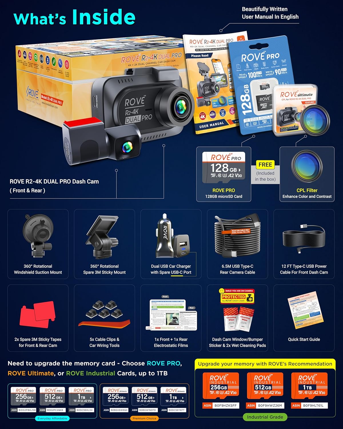 ROVE R2-4K Dual PRO Dash Cam Front and Rear, True 4K+2K Dash Camera for Cars, STARVIS 2 IMX678 + IMX675 Sensors, Free 128GB Card + CPL, WiFi 6 - up to 30MB/s Download Speed, 3" IPS, 24Hr Parking Mode