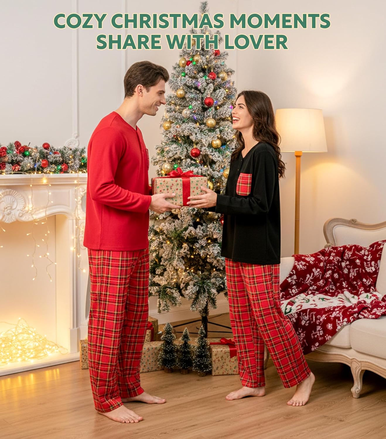 DAVID ARCHY Cozy Christmas Pajamas for Couples Ultra Soft Warm Fleece Winter Pjs Sets Men Women Plaid Loungewear with Pockets