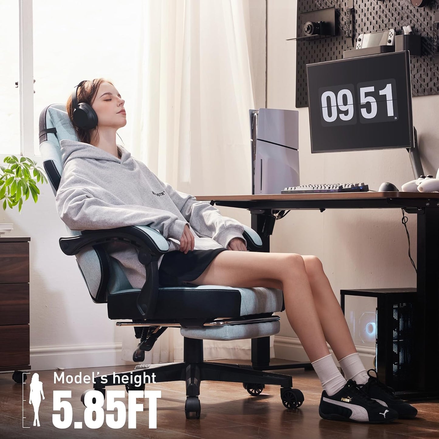 Dowinx Gaming Chair, Fabric Gaming Chairs for Adults with Pocket Spring Cushions and Lumbar Support, Ergonomic Massage Computer Chair with Footrest for Big and Tall, Aqua