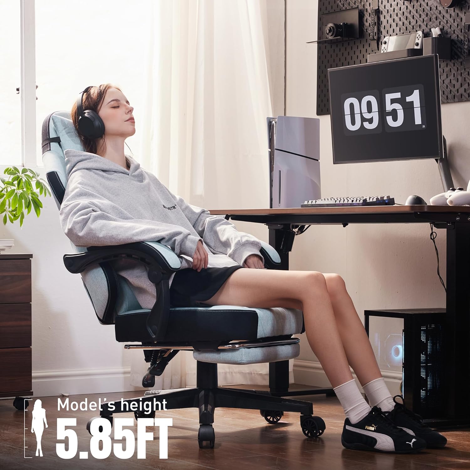 Dowinx Gaming Chair, Fabric Gaming Chairs for Adults with Pocket Spring Cushions and Lumbar Support, Ergonomic Massage Computer Chair with Footrest for Big and Tall, Aqua