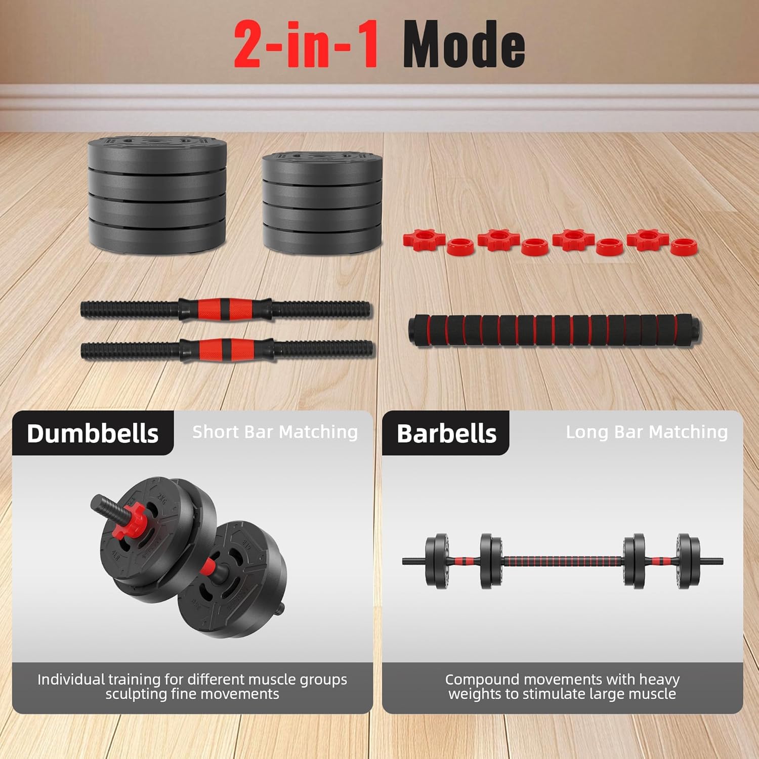 Fitvids Multi-Functional Portable Changeable Dumbbell and Barbell Kettlebell Set with Adjustable Weights, 40LBS or 60LBS Sets, 2-in-1 or 4-in1, Multiple Sizes