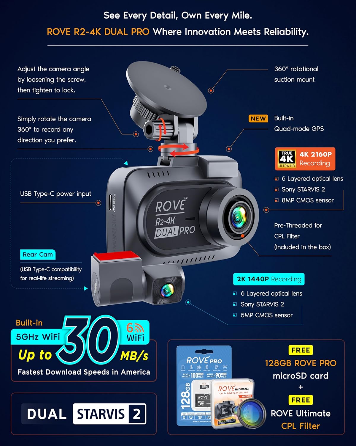 ROVE R2-4K Dual PRO Dash Cam Front and Rear, True 4K+2K Dash Camera for Cars, STARVIS 2 IMX678 + IMX675 Sensors, Free 128GB Card + CPL, WiFi 6 - up to 30MB/s Download Speed, 3" IPS, 24Hr Parking Mode