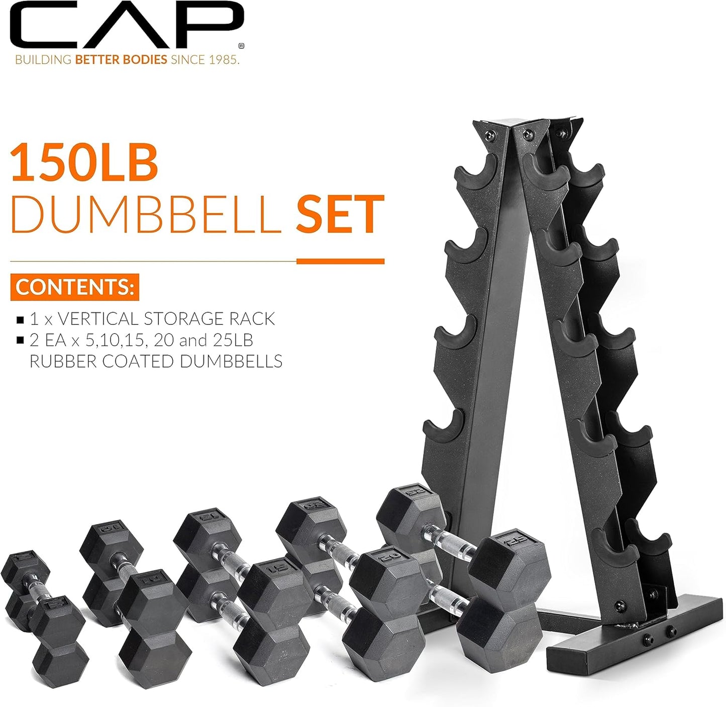 CAP Barbell Rubber Coated Dumbbell Weight Set with Vertical Rack | 100 lb, 150 lb, and 210 lb Options