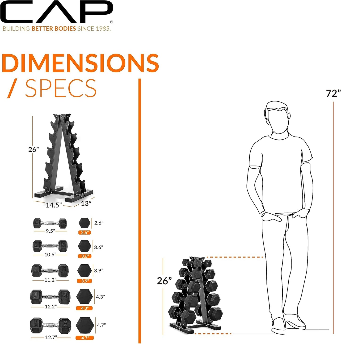 CAP Barbell Rubber Coated Dumbbell Weight Set with Vertical Rack | 100 lb, 150 lb, and 210 lb Options