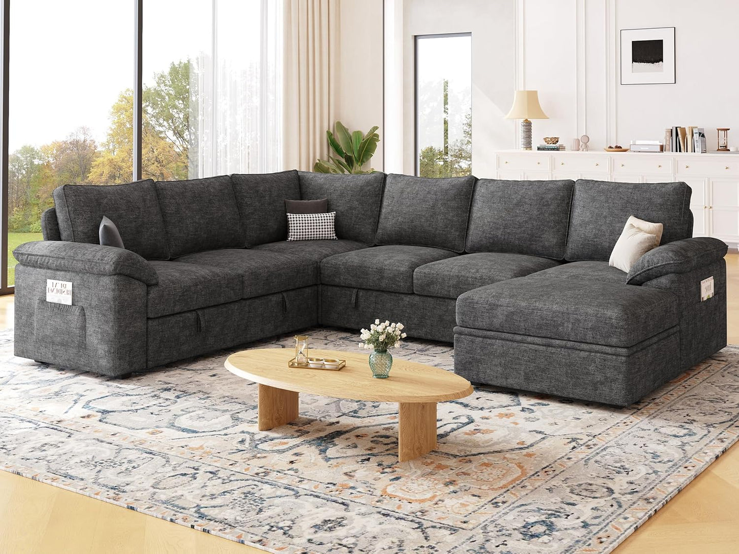 108 Inch Sectional Sleeper Sofa with Pull Out Bed, U Shaped 7 Seat Modular Sectional Sofa with Storage, Sectional Couches for Living Room, Cloud Modular Couch,Removable Sofa Cover, Dark Grey