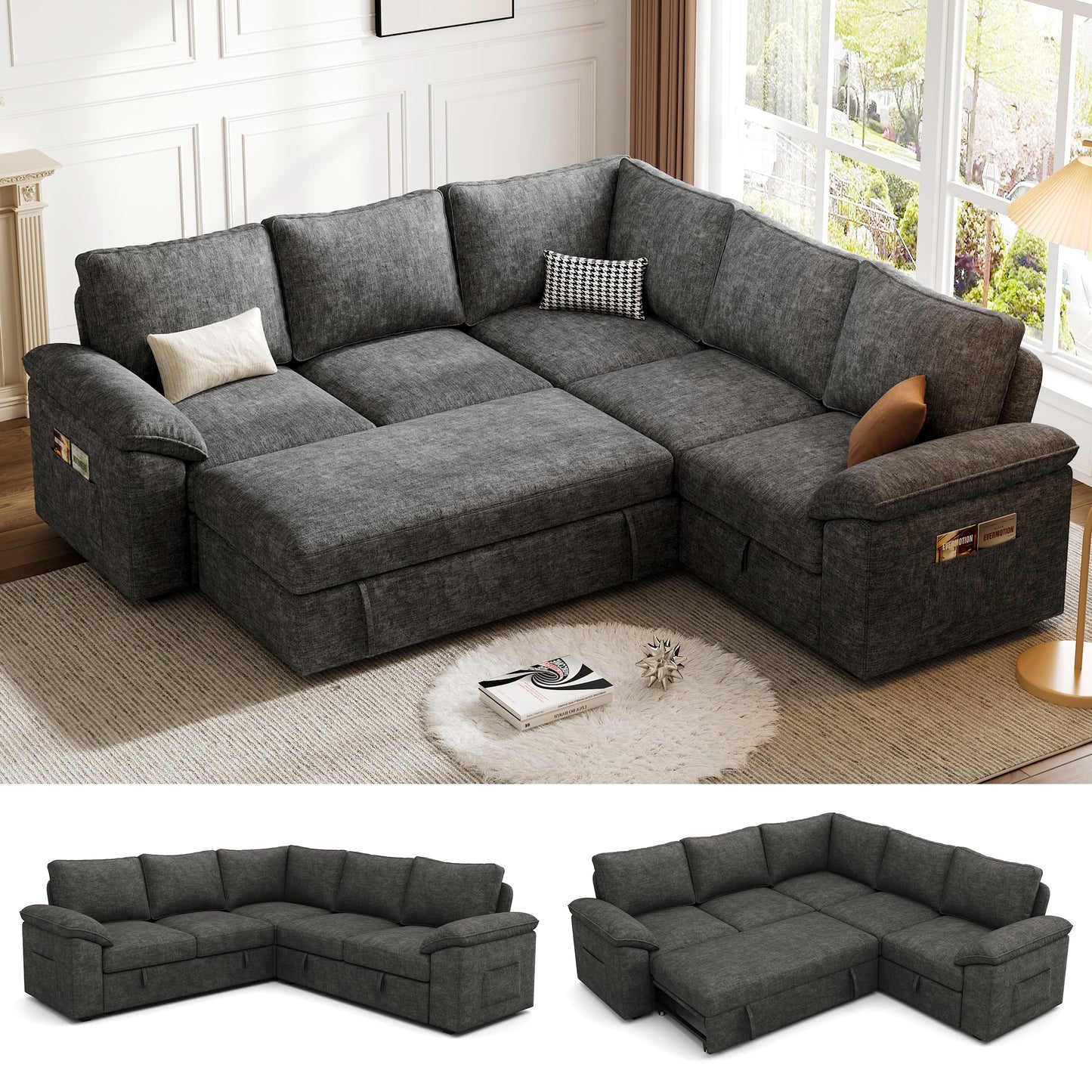 108 Inch Sectional Sleeper Sofa with Pull Out Bed, U Shaped 7 Seat Modular Sectional Sofa with Storage, Sectional Couches for Living Room, Cloud Modular Couch,Removable Sofa Cover, Dark Grey