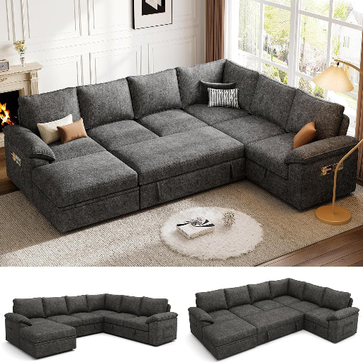 108 Inch Sectional Sleeper Sofa with Pull Out Bed, U Shaped 7 Seat Modular Sectional Sofa with Storage, Sectional Couches for Living Room, Cloud Modular Couch,Removable Sofa Cover, Dark Grey
